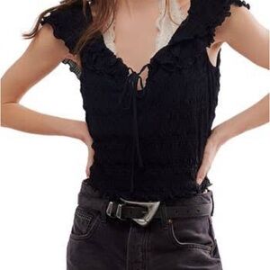 Free People Black Ruffled Blouse